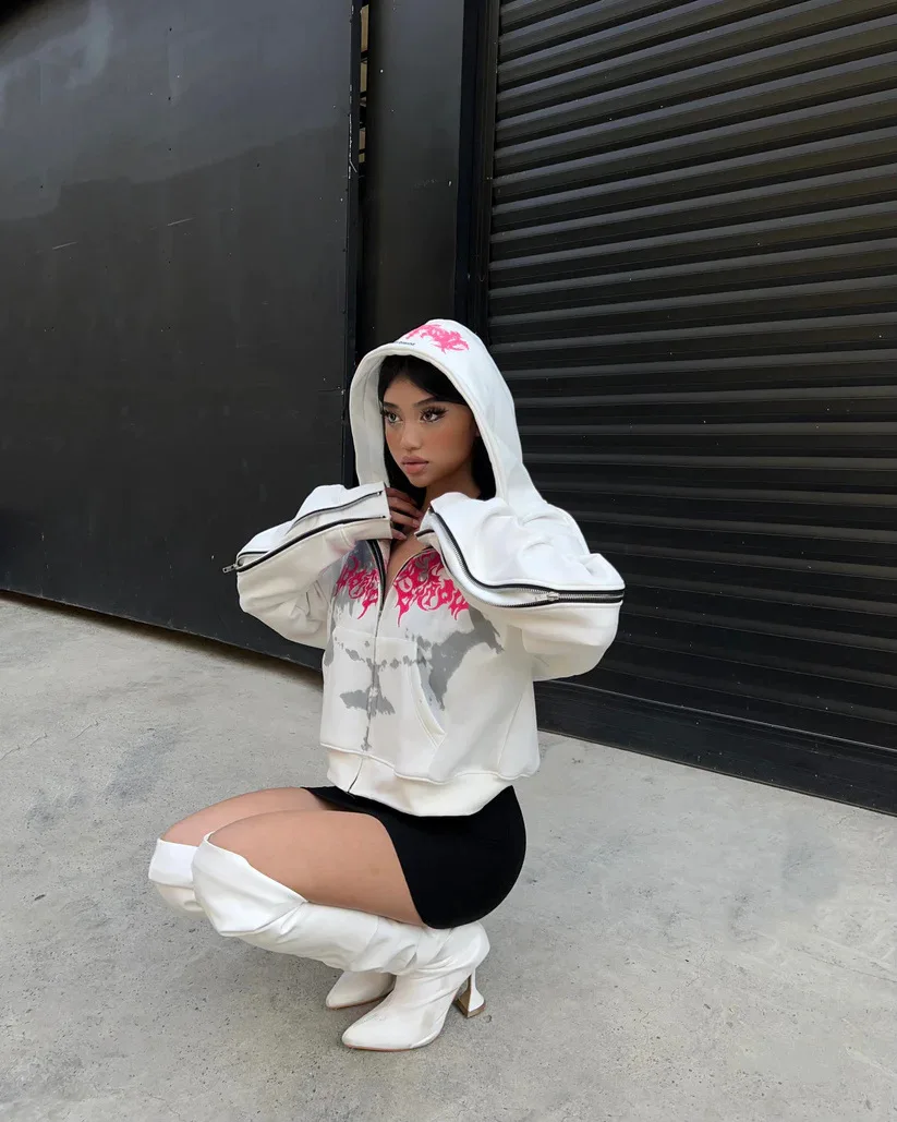 Harajuku Hip Hop Vintage Punk Gothic Trend Design Clothes Long Sleeve Oversized Hoodie Y2k Top Zip Sweatshirts Coat