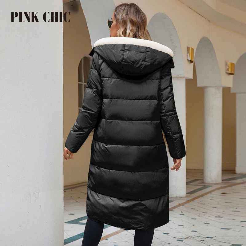 PINK CHIC 2023 Winter Coat For Women Down Jackets Fashion Thick Padding Women's Parka Warm Fur Collar Hooded Long Female  8268