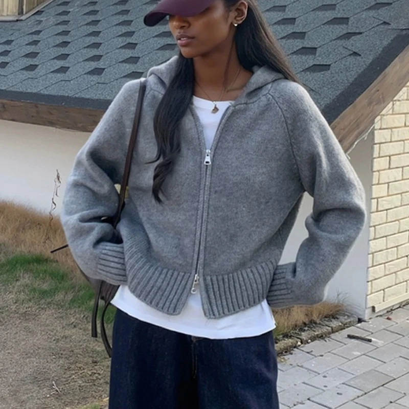 2025 New Fashion Long Sleeved Hooded Cardigan Sweater Women Autumn and Winter Double Zipper Knitted Solid Color Straight Coat