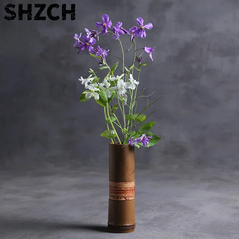 Retro Handmade Bamboo Tabletop Vase Hydroponic Flower Arrangement Pot Teahouse Ornament Weave Vase & Pen Holder Organize