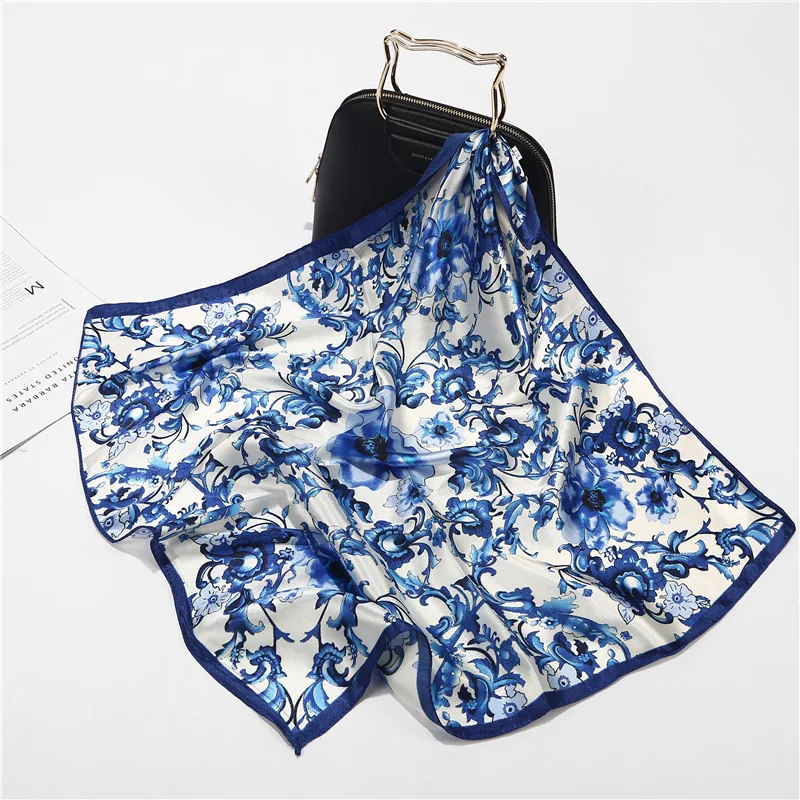 

Blue and White Scarf Women Bandana Hijab Neck Scarves Satin Silk Print Bag 60x60cm Handkerchief Chic Shawl Headscarf Hair 2023