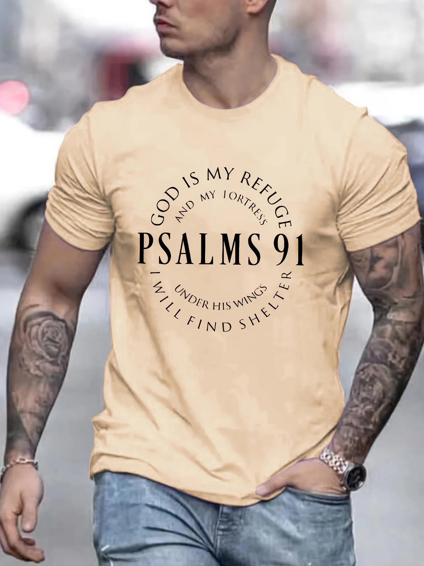 Men\'s 100% cotton summer loose fit Trendy Letter Psalms 91 Letter Ring Pattern print casual round neck short sleeved T-shirt