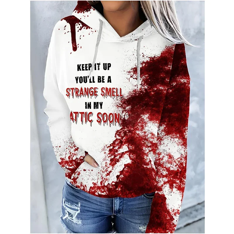 Outono halloween horror sangue 3d impressão hoodie topo moda feminina casual moletom oversized pullovers roupas de treino