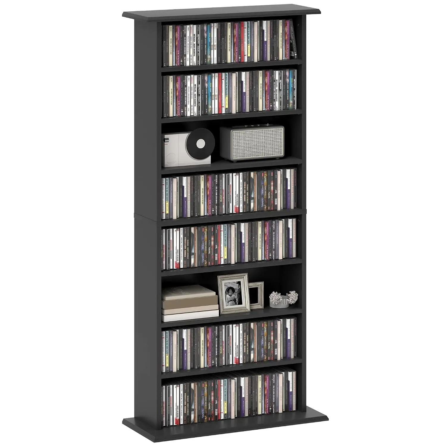Double Media Storage Cabinet 8-Tier DVD Shelf 6 Adjustable Shelves 8 Compartments Holds 360 CDs 185 DVDs Blu-rays, Customized