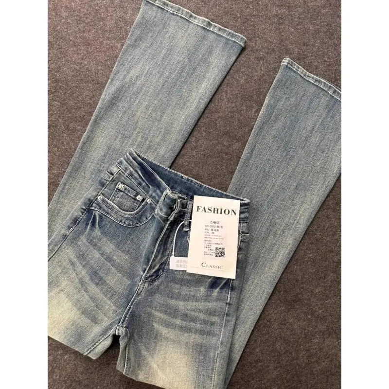 Spring Autumn Vintage Washed Vintage Micro Flared Jeans Women\'s Clothing High Waist Elasticity Making Them Look Slimmer Pants