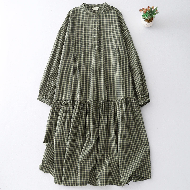 Mulheres literárias confortáveis oversized algodão manga longa vestido xadrez outono verão nova camisa casual vestido n925