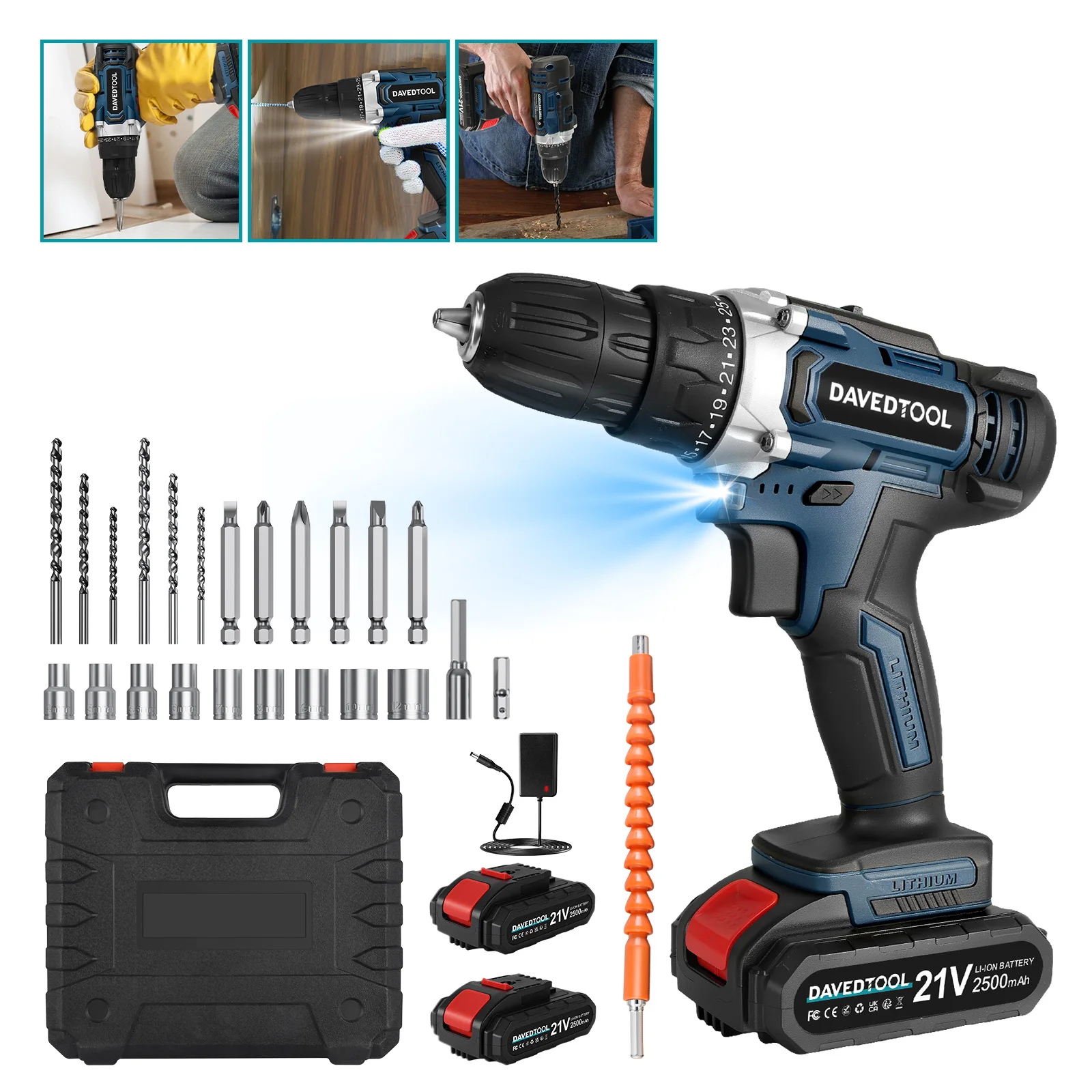 21-V-Akku-Bohrschrauber, 2 x 2500 mAh-Batterien, leistungsstarkes Drehmoment, LED-Licht, 0–1650