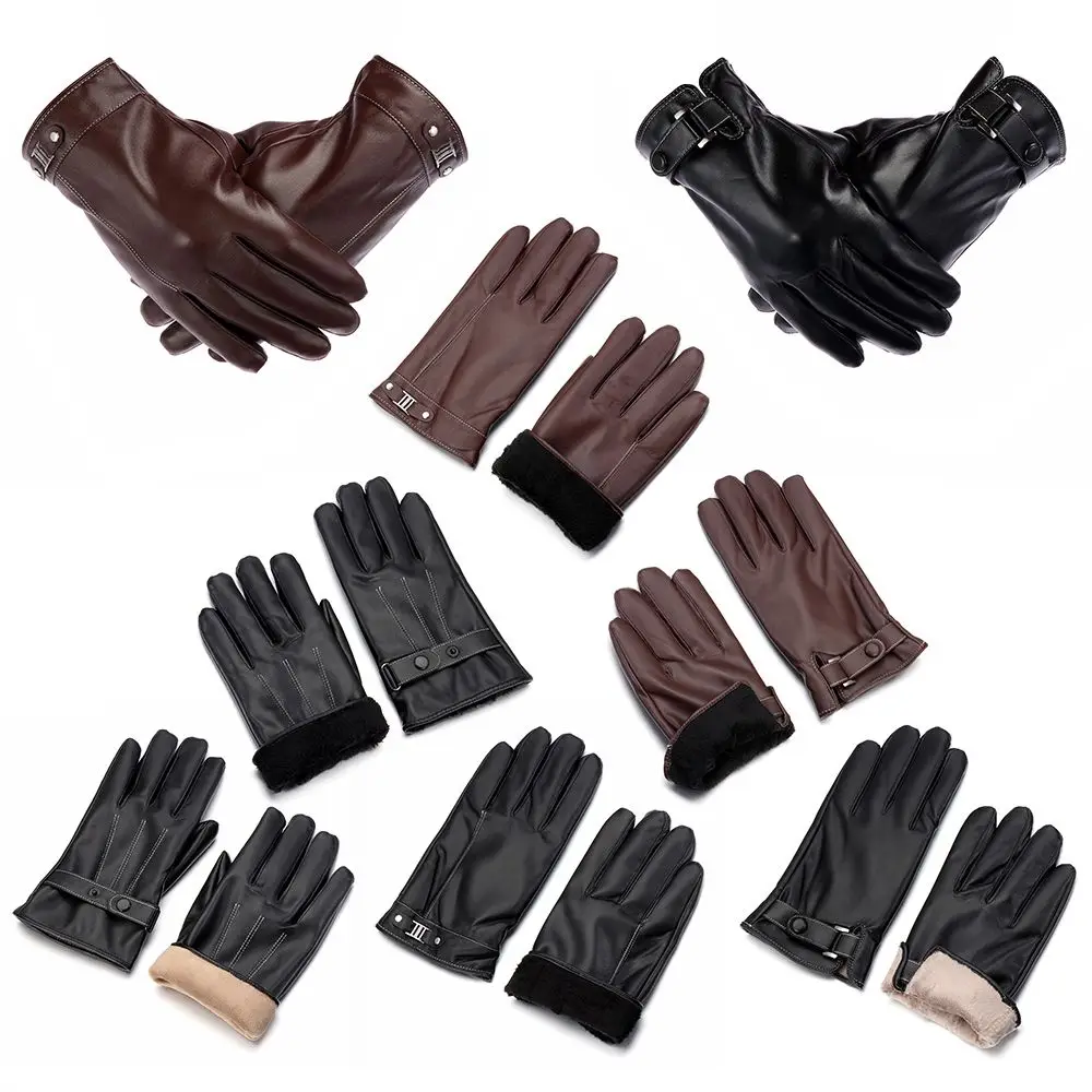Men's Full Finge Windproof Fleece Thermal Touch Screen Driving Gloves Leather Gloves