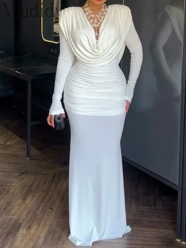 

Платье макси с воротником-хомутом, эластичной талией, облегающее, повседневное, с подплечниками, без спинки, для вечеринок