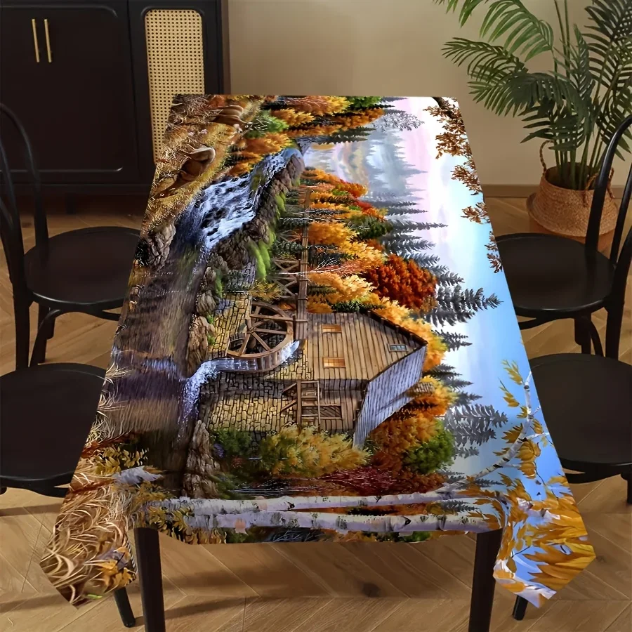 JIT - 1 piece of rural countryside landscape tablecloth with autumn forest cabin, stream and deer herd printxzj