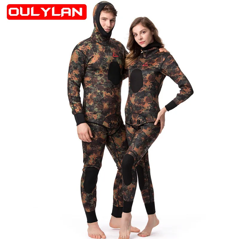 Oulylan Wetsuit Men 5mm 7mm Neoprene Spearfishing Scuba Diving Suit Camouflage 2pieces Keep Warm Fishing Suit Surfers