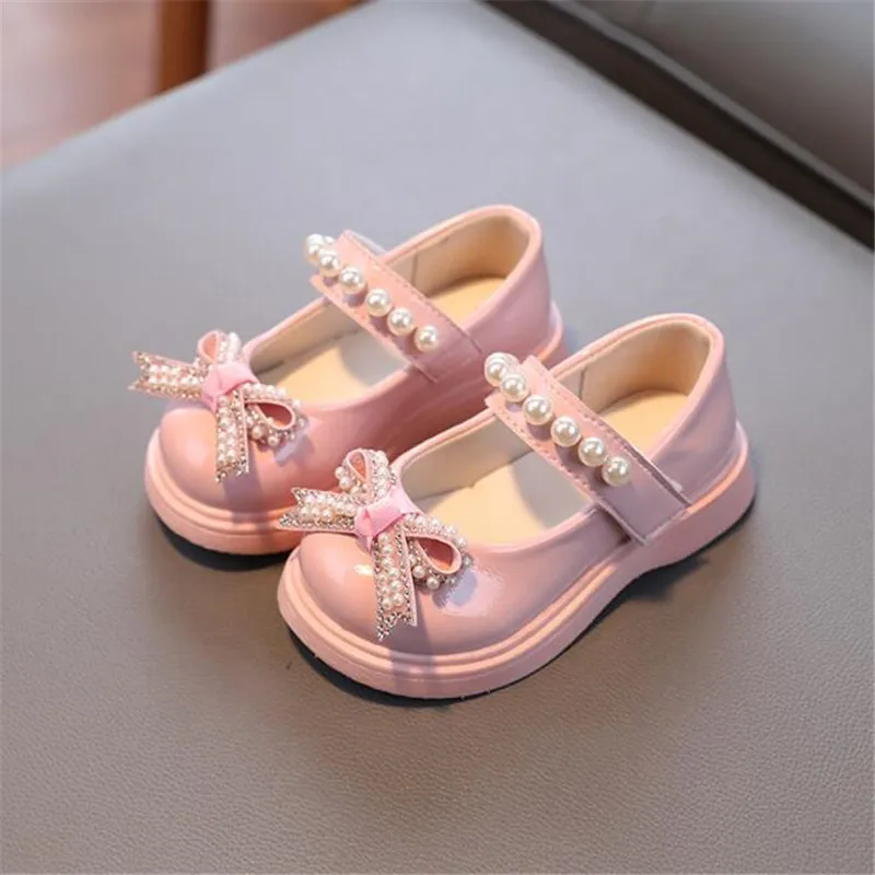 Zapatos de cuero de princesa para niñas, zapatos planos de lentejuelas de fondo suave, zapatos de boda para bebés con perlas