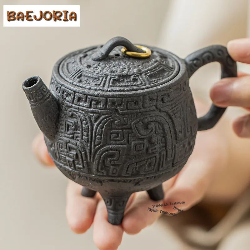 BAEJORIA 80ml Handmade Black Gold Three Legged Teapot Zen Old Clay Hand-grasp Pot With Gift Box Retro Pot Tea Brewing Kettle Cha