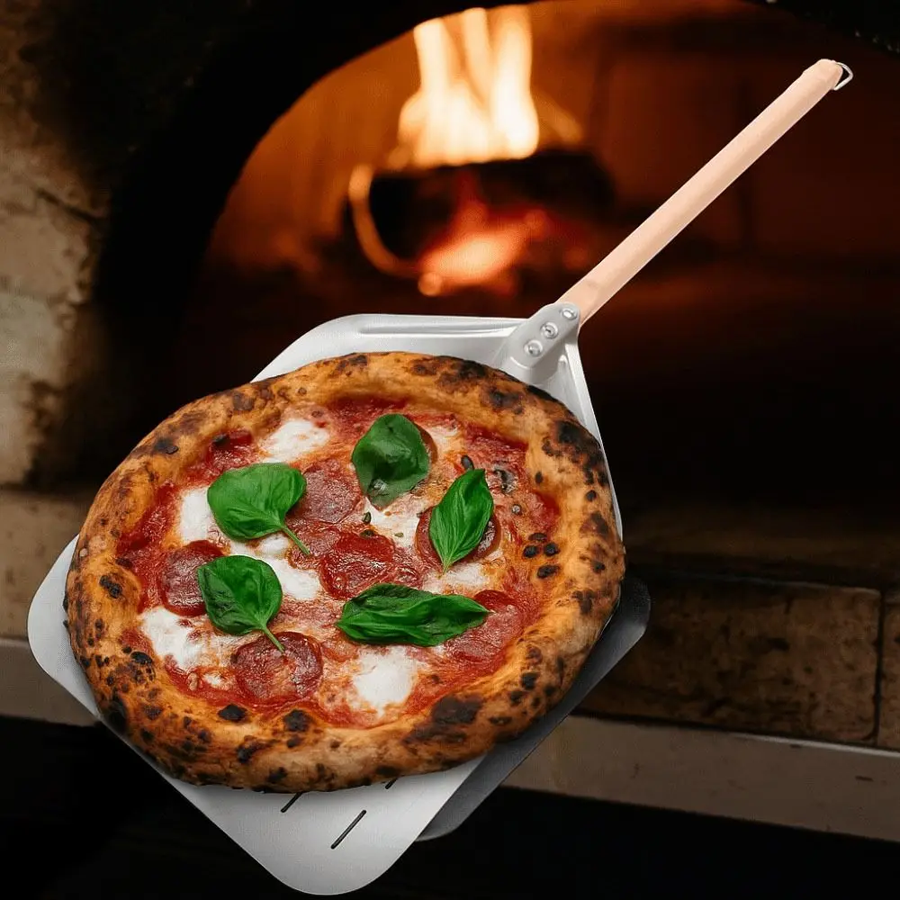 

Lightweight 12 Inch Pizza Shovel Stainless Steel Wooden Handle Pizza Peel Perforated Anti-scalding Pizza Turning Tool Bakery