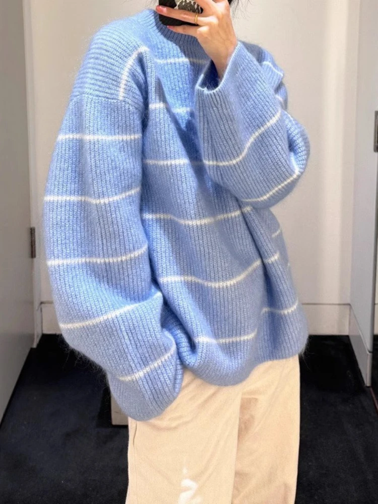

Korobov Y2k Autumn O Neck Long Sleeve Striped Contrast Color Casual Loose All Match Knitted Pullovers
