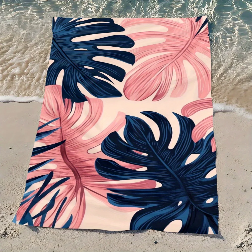 

1pc Tropical leaf pattern bath towel, polyester fabric, machine washable, suitable for pool, beach, and bathroom decor.