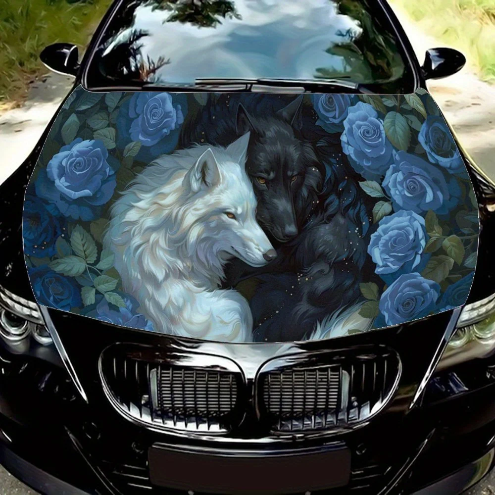 

Twin Wolves Nestled Among Roses Car Hood Wrap Color Vinyl Sticker Truck Graphic Bonnet Auto Accessories Decoration Decal Gift
