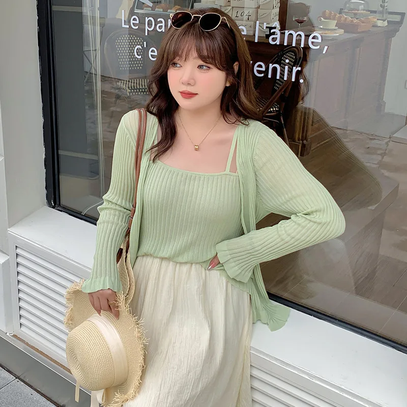 

Large Size Women's Clothing V-neck Ruffle Edge Fake Two Pieces Tops New Appear Thin Versatile Long Sleeved Knitwear Summer