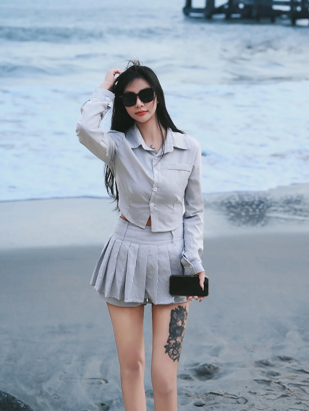 

Korean Style Long Sleeve Asymmetrical Shirt Women's Fashion Spring New Arrival Slimming Short Skirt Set High Waist Neck