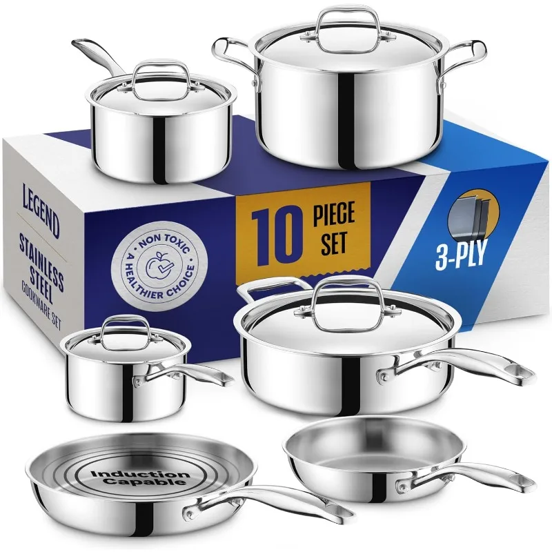 Juego de ollas y sartenes de acero inoxidable de 3 capas COOKWARE | 10 piezas, inducción, no tóxica, caja fuerte para horno | Mejor revestimiento completo 18/8 | Prem