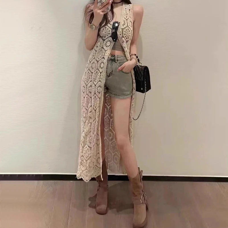 Longline Crochet Cardigan Button Front Sleeveless Sheer Open-knit Long Cover-up Jacket Women Summer Beach Vacation Outfit