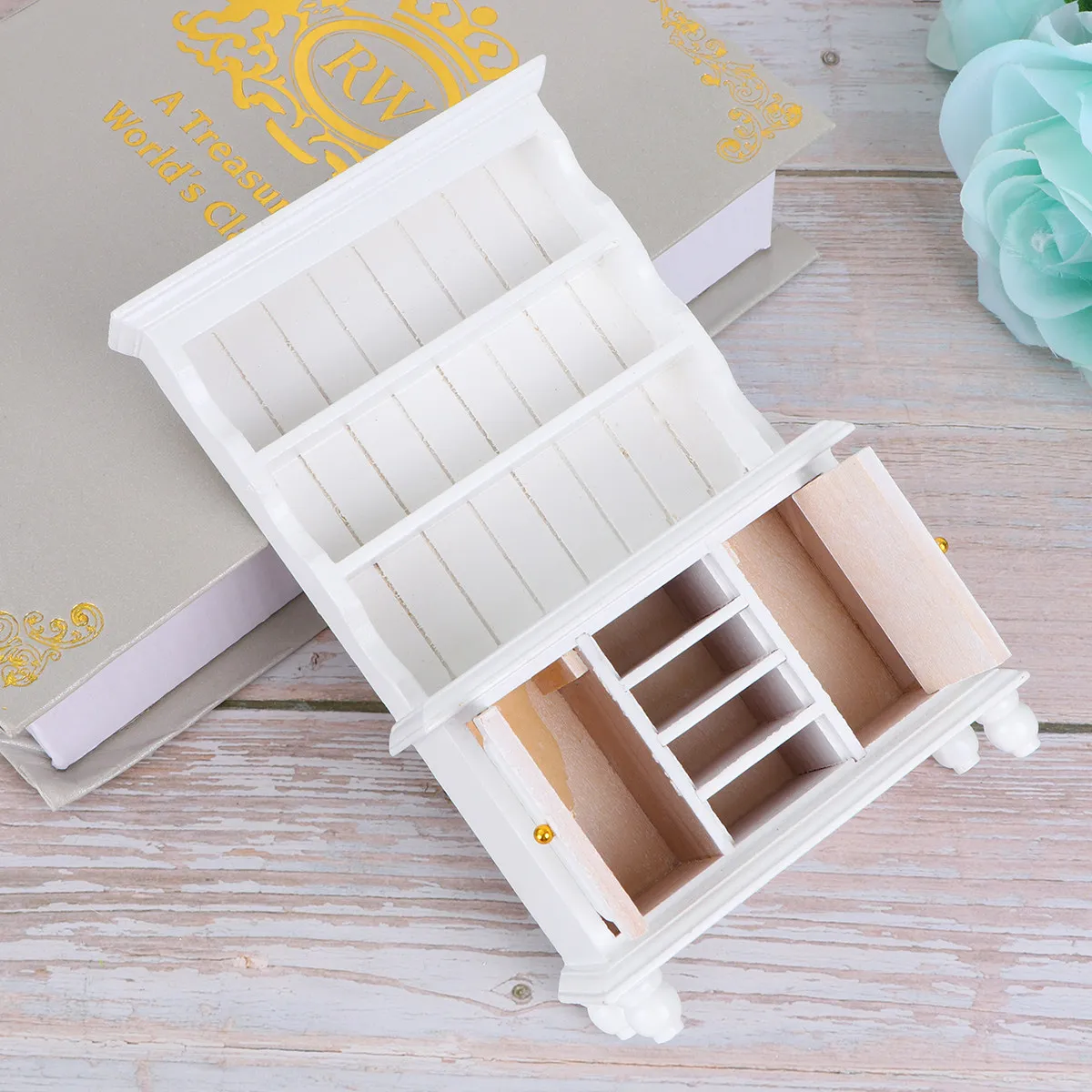 

1:12 Scale Wooden Bookcase for Dollhouse White Mini House Furniture with 3 Shelves 4 Drawers 2 Cabinets Brass Handles