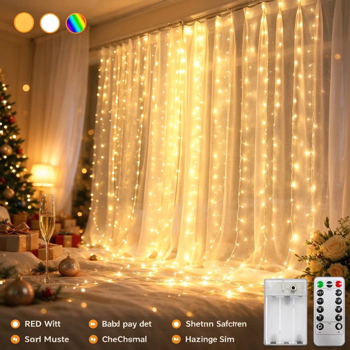 Battery Powered Curtain Fairy Lights Remote Control Christmas String Lights for Indoor Window Bedroom Wedding Party Home Decor