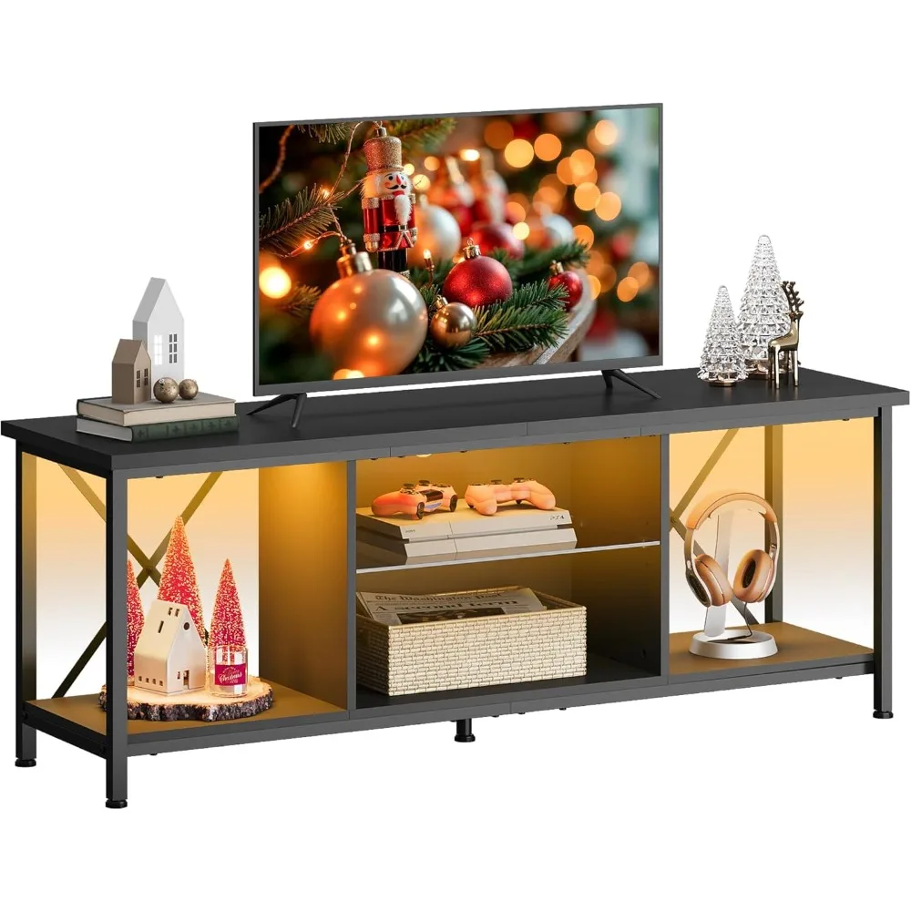 

Industrial Style Entertainment Center for 65 Inch TVs, Glass Shelf TV Stand for Living Room