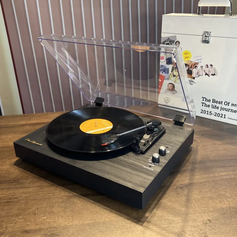 Vinyl Record Player Vintage Jukebox Wooden Gramophone Built-in Dual Speaker Speaker Desktop with Acrylic Dust Cover