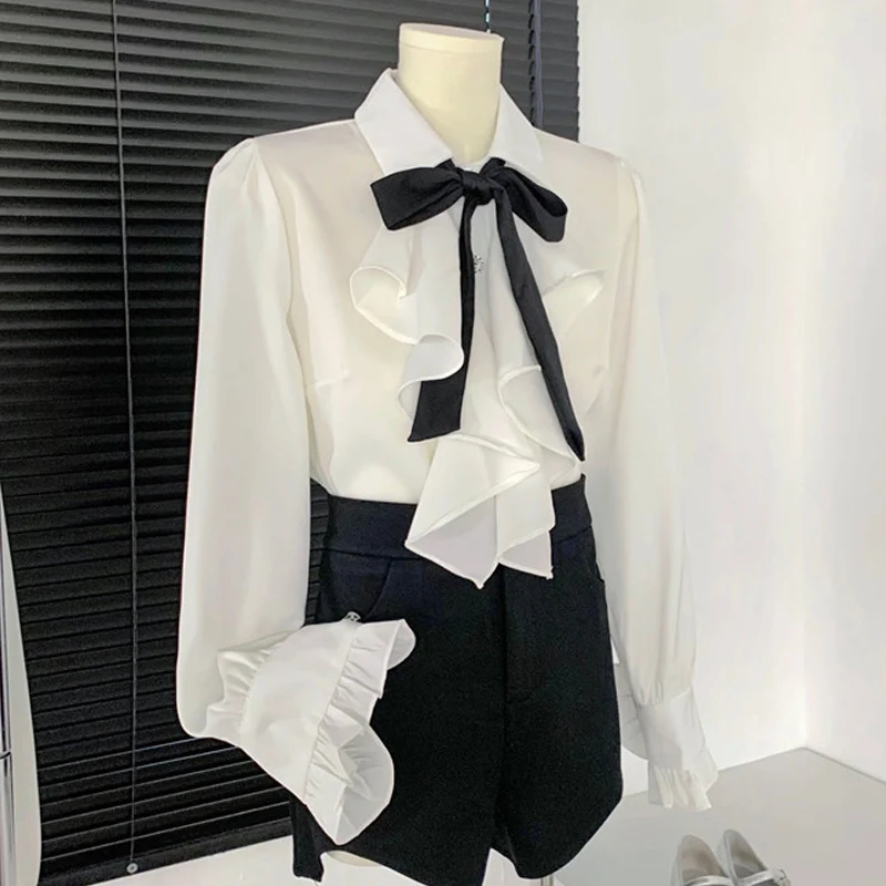 

2023 Spring New Women White Shirt Bow tie Ruffle Satin Blouse Single-breasted Workwear OL Tops Blusa