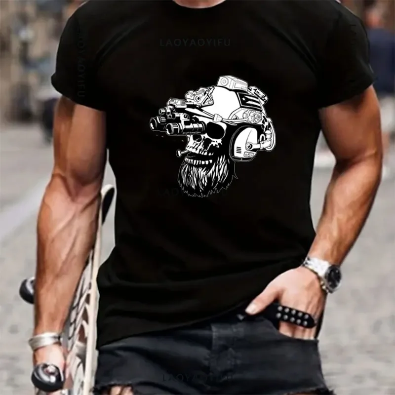 Til Valhalla Cotton T-Shirt American Beard Warrior Tactical Skull Unisex T Shirt Short Sleeve O-Neck T-shirt Casual Men’s Top