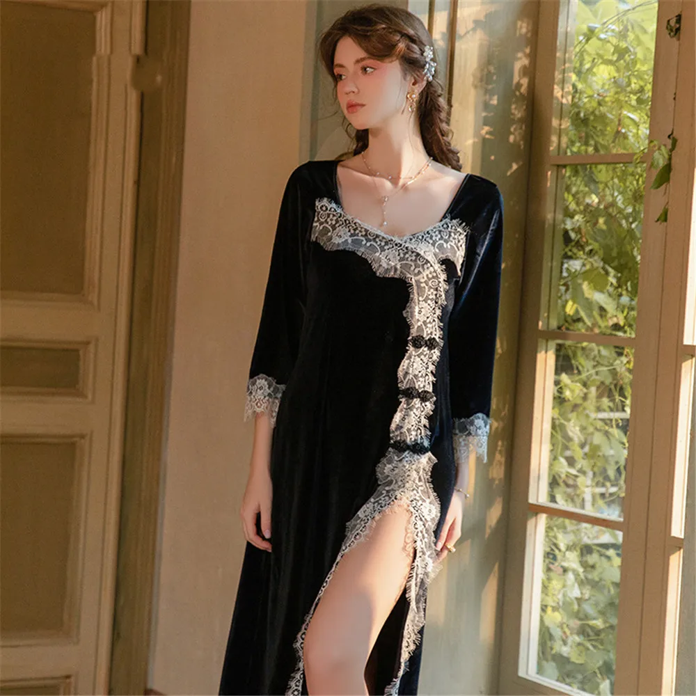 

Весенняя женская черная велюровая ночная рубашка, сексуальная кружевная ночная рубашка с аппликацией и разрезом, домашняя одежда, домашняя одежда