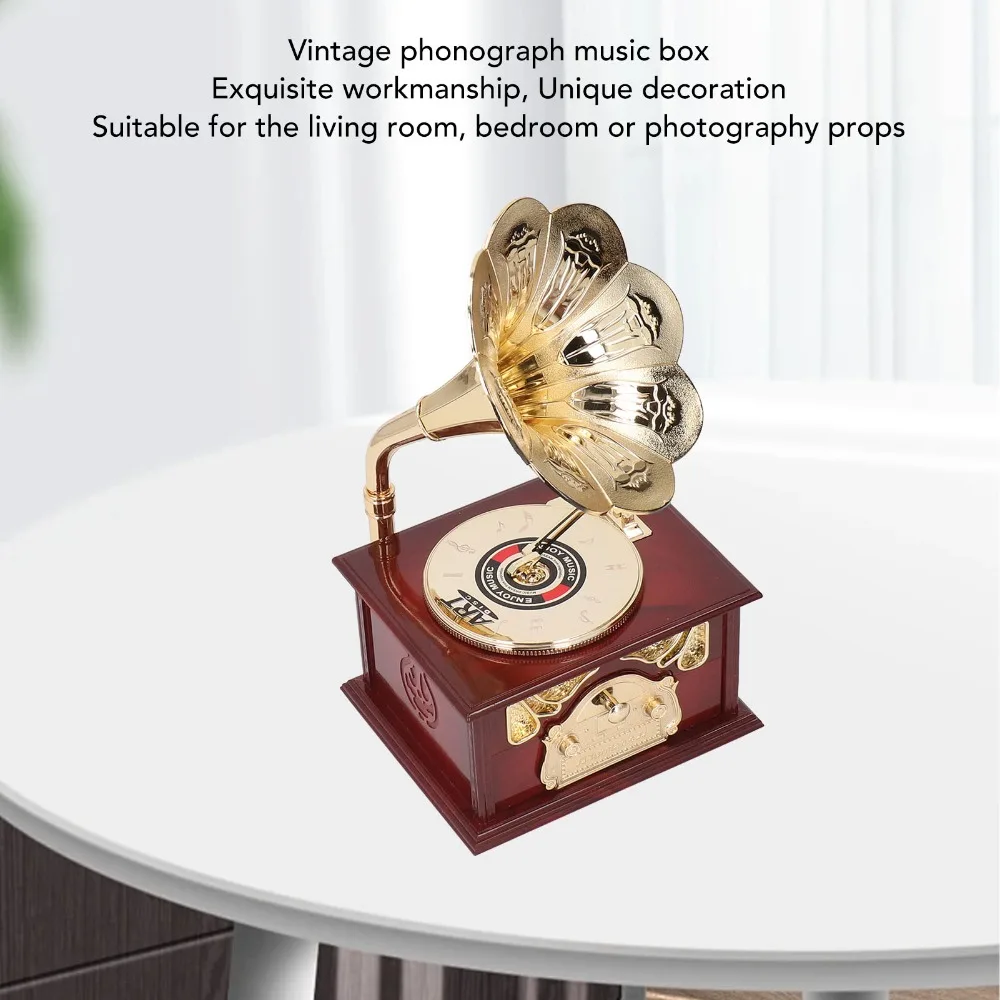 ABS Gramophone Music Box Exquisite Clockwork Mechanical Retro Phonograph Music Box Music Box Mini Size Wind Up Music Boxes