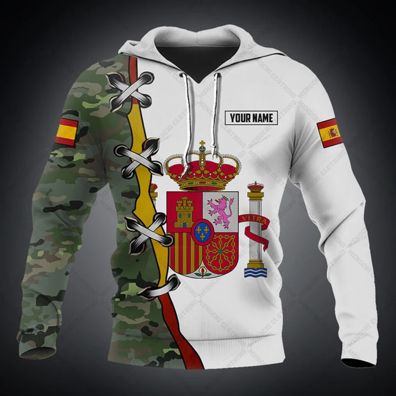 Unisex Custom Name Camuflagem Hoodies, Streetwear extragrande, moletons soltos, Moda Casual, Espanha Emblema, Inverno