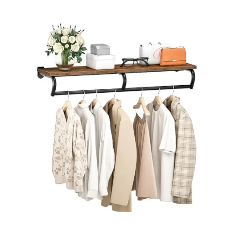

Wall Mounted Clothes Rack Metal Garment Rack with Top Shelf Laundry Storage Shelf with Hanging Rod for Laundry Room Bedroom Ent