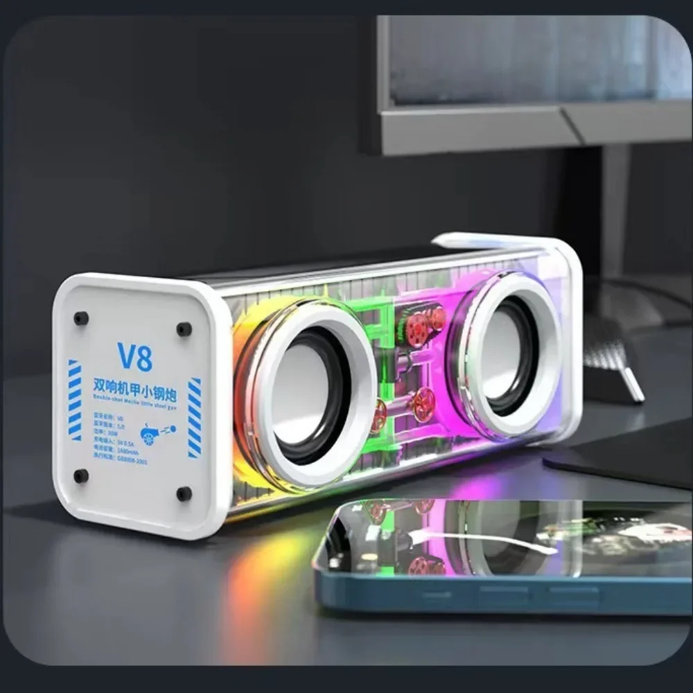 V8 Transparent Mecha Speakers Bluetooth 5.0 Wireless Double Bass Diaphragm Subwoofer Music TWS RGB Light Mini Party Loudspeaker