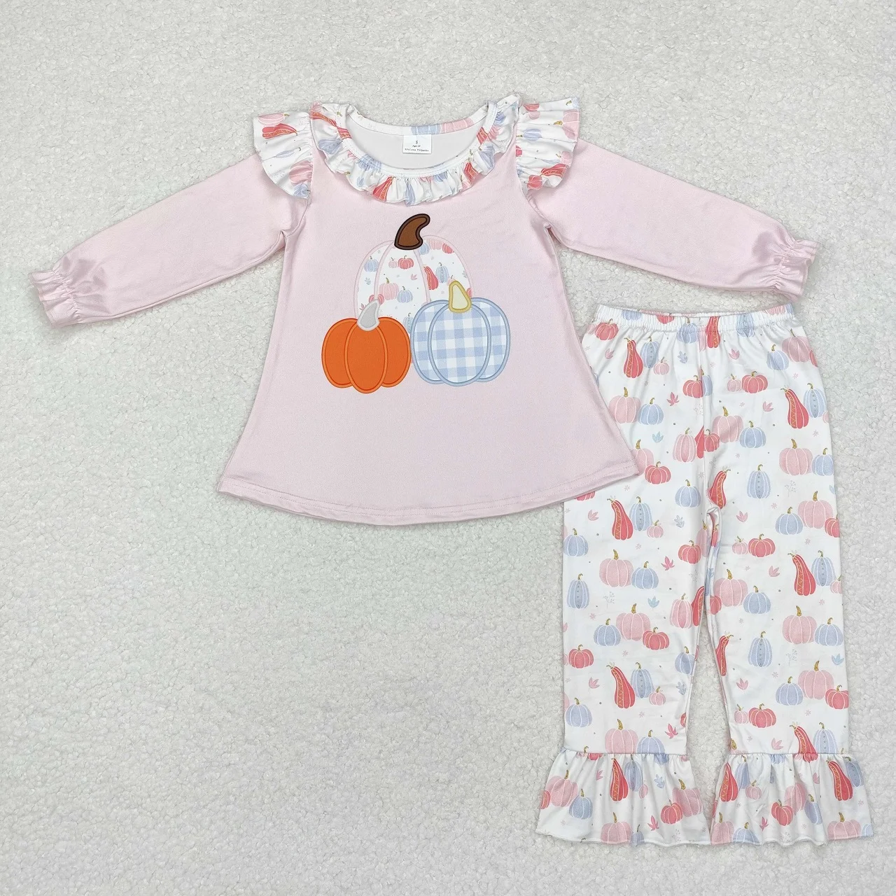 

Wholesale Toddler Kids Thanksgiving Outfit Baby Girl Pink Long Sleeves Pumpkin Tops Infant Children Ruffle Pants Set