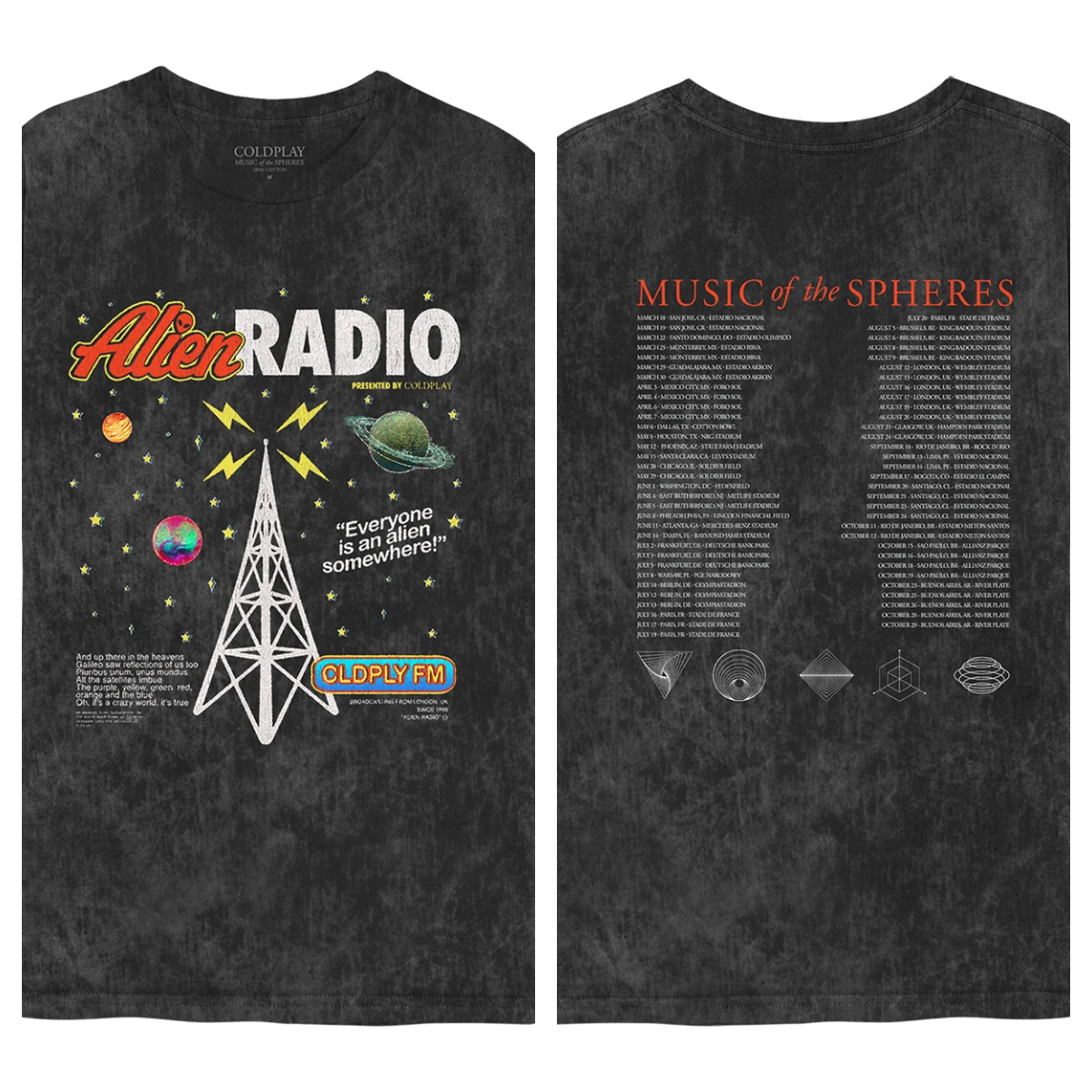 Coldplay Alien Radio Camiseta con gráfico espacial retro – Tema de radio vintage y ropa de algodón con estampado de banda lírica para fanáticos de Coldplay