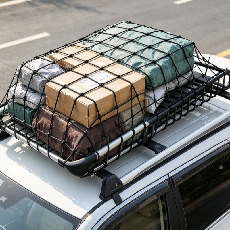 Elastic Cargo Net Latex Luggage Net with Knotted Mesh Construction and Curved Hook Attachment for Securing Cargo on Vehicle H9EE