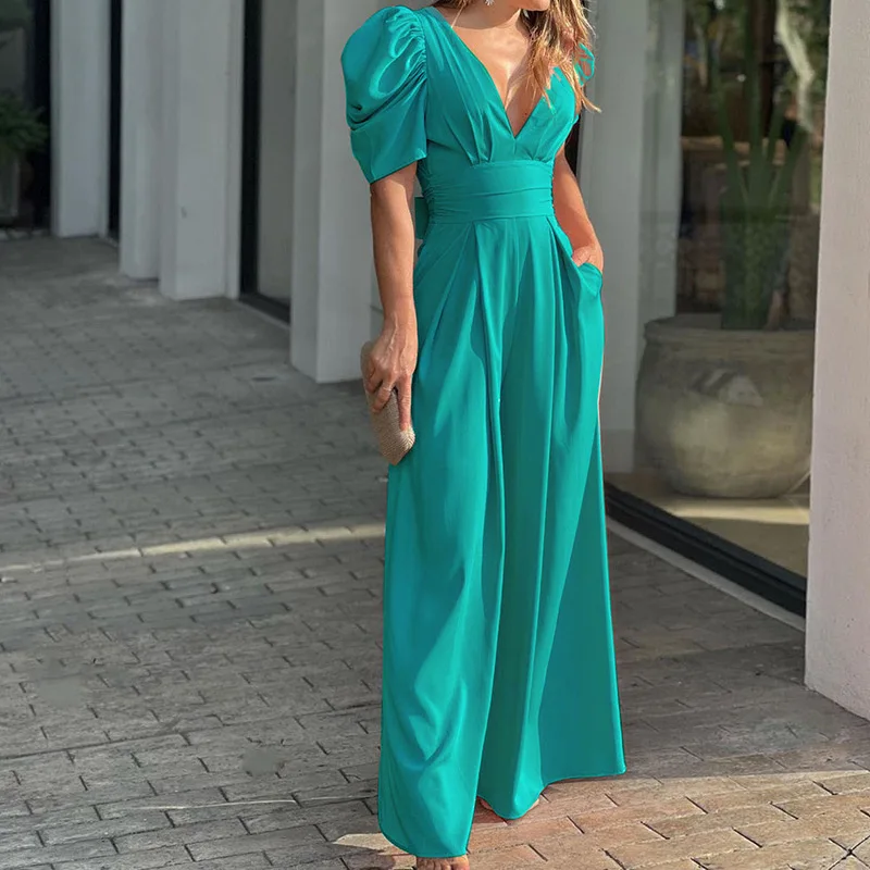 Women's V Neck Puff Sleeve Open Back Wide Leg Jumpsuit High Waist Tie Back Formal Party Jumpsuit
