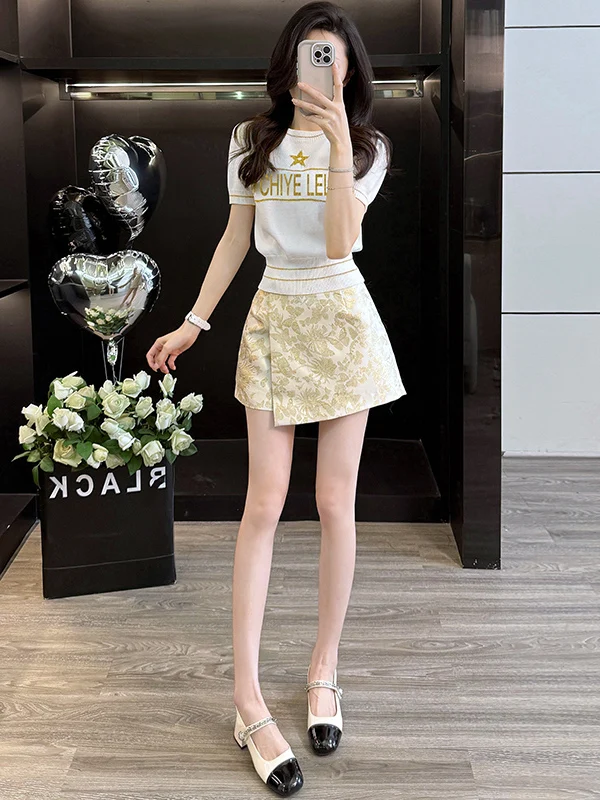 

Elegant Fashion Set Women's Short Sleeve White Top And Pants Two Piece Suit Summer New Style Elegant And Stylish