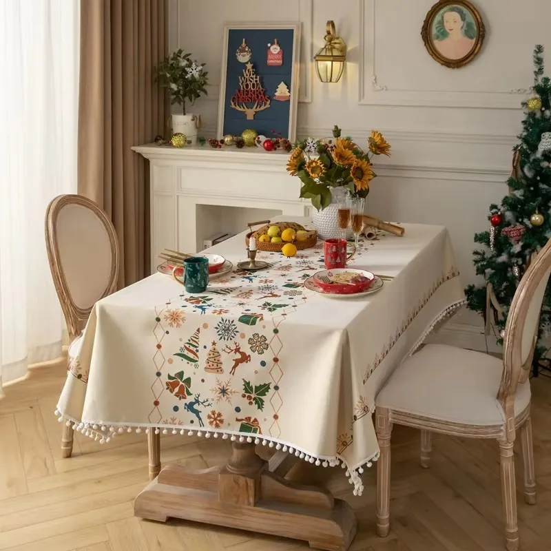 New Christmas Decoration Woven Jacquard White Ball Tablecloth Dust-Proof Table Cover,For Dinning Tea Table Tabletop Decoration