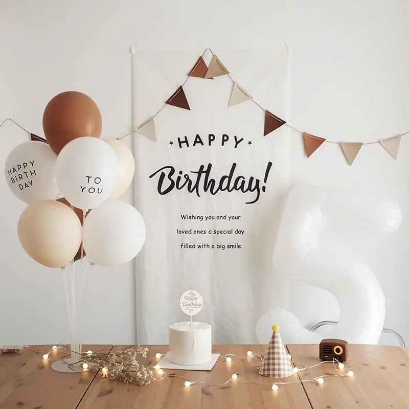 INS Boho Balloon Garland Coffee Coco Retro Ballon1st 2 3 4 5 6 Birthady Party Supplies Background with Leather Banner