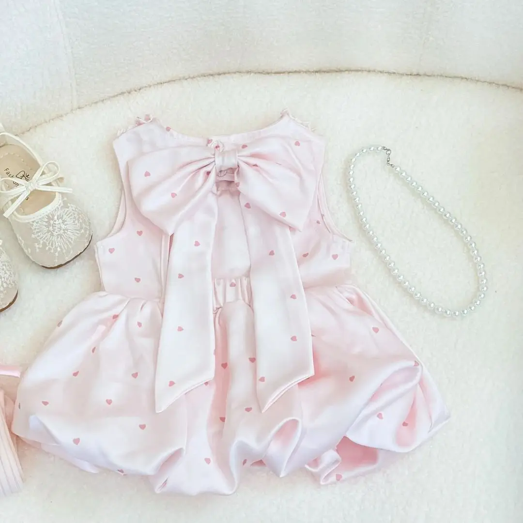 Baby Girls Pink Cute Dress 2026 New Summer Heart Shaped Printed Bud Dresses Korean Style Casual Daily School Wear Bow Dress