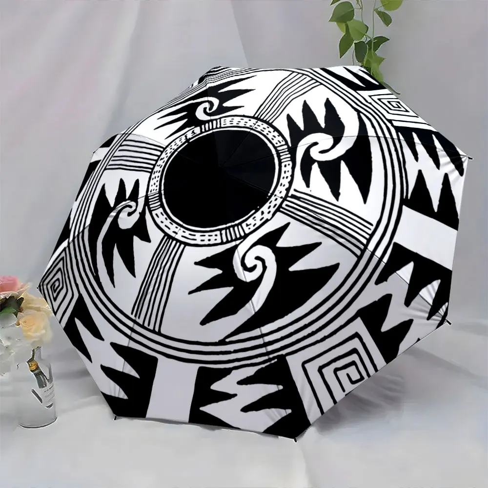 Black and White Geometric Abstract Circular Pattern Design portable waterproof sun rain umbrella for outdoor travel beach