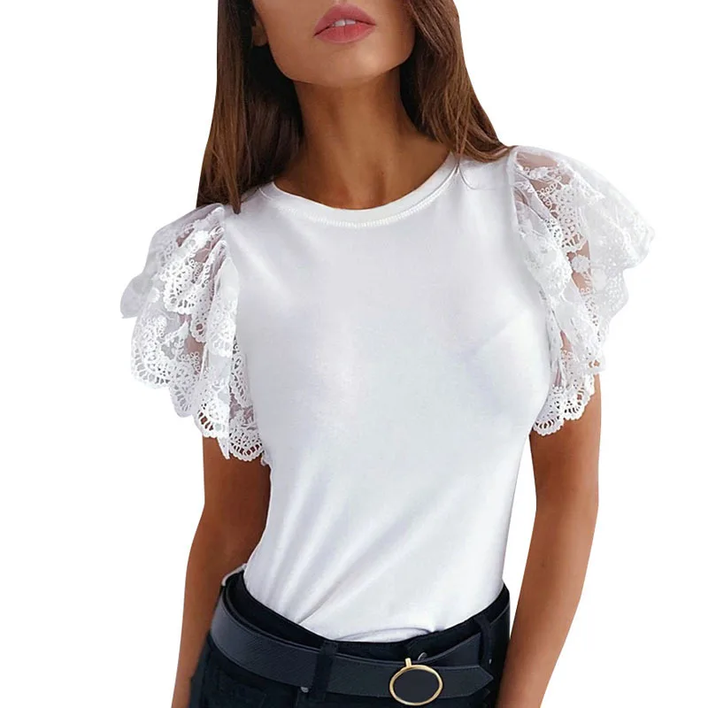 Elegante T-shirt da donna 2024 estate Sexy solido girocollo in pizzo manica corta Top T-shirt bianca Camisetas magliette Top Feminina