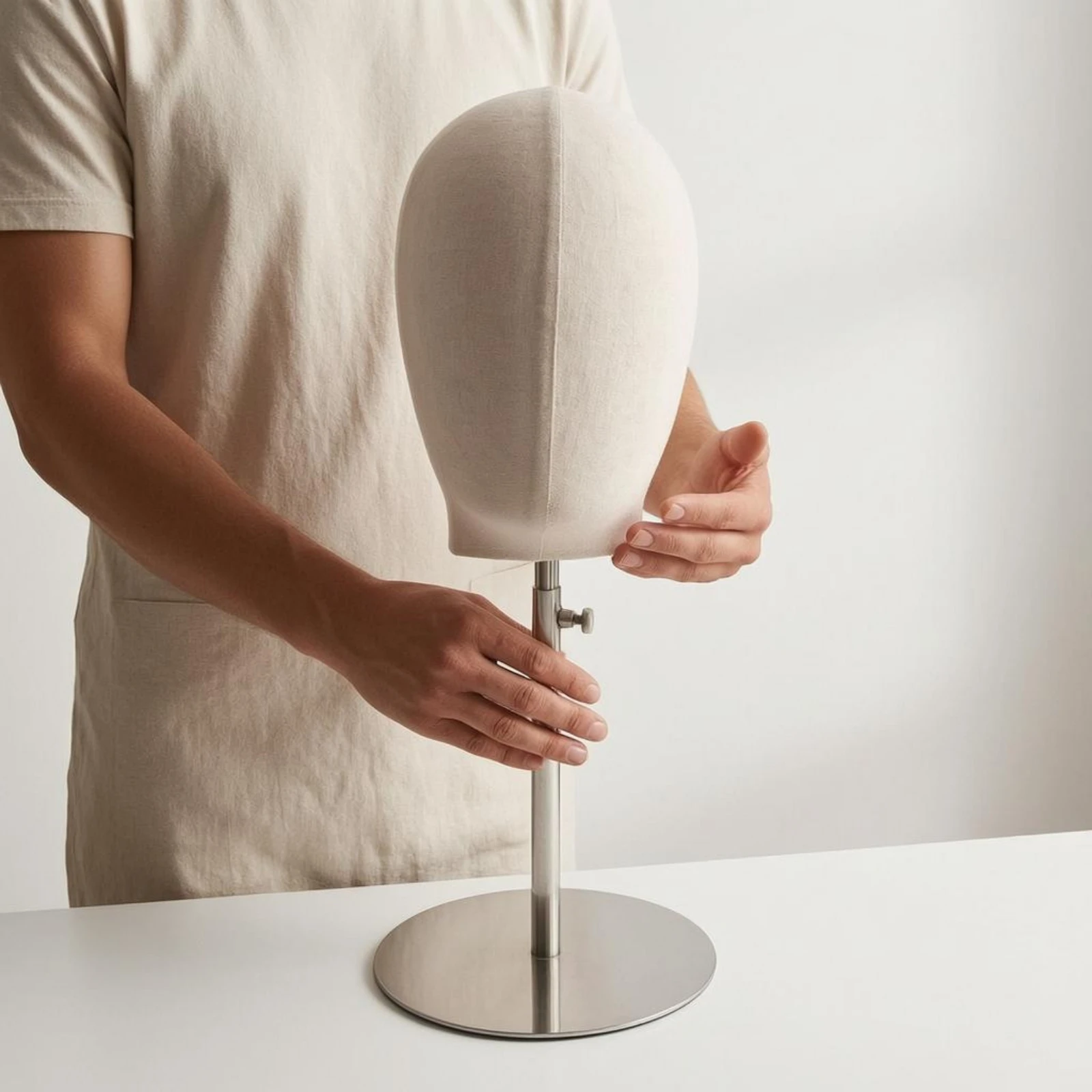 tete-de-mannequin-recouverte-de-tissu-support-detachable-et-adaptable-modele-d'affichage-leger-avec-base-stable
