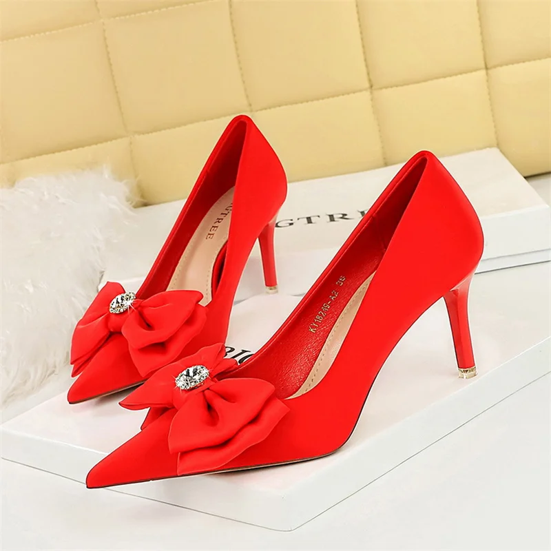 Women Pumps Rhinestone Bow Sandals Fashion Pointed Toe Princess Wedding Single Shoes Stiletto High Heels Luxury Party Shoes