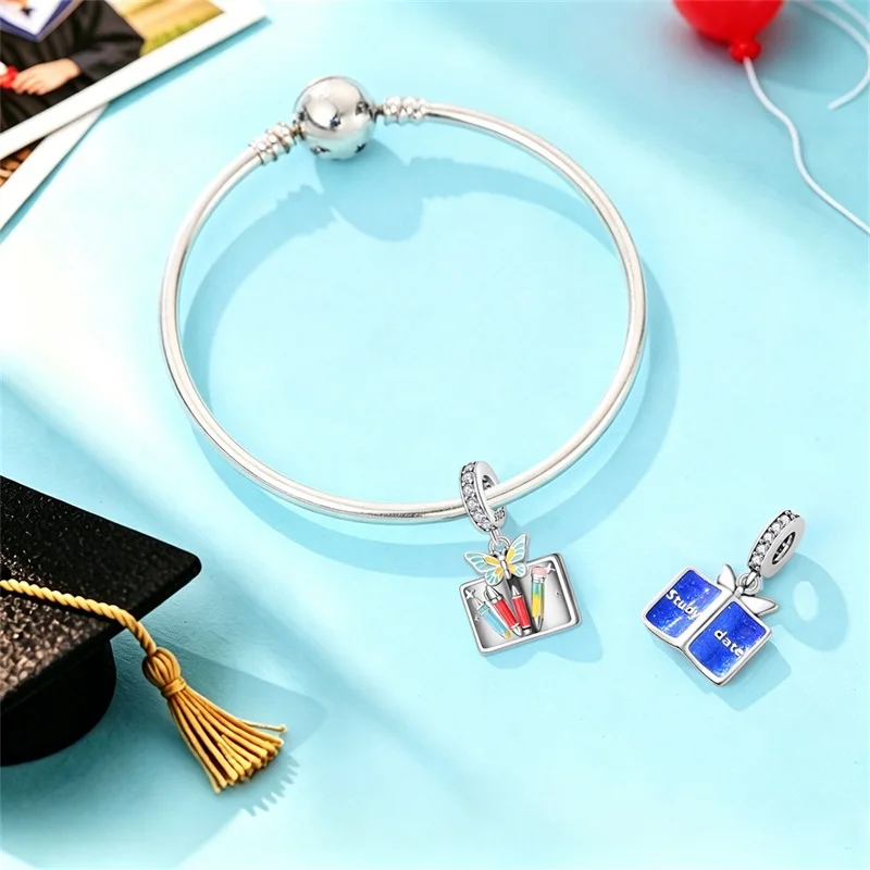 New 925 Sterling Silver Colorful Book Charms Beads CZ Zircon Dangle Fit Original Bracelet DIY Women Birthday Party Jewelry