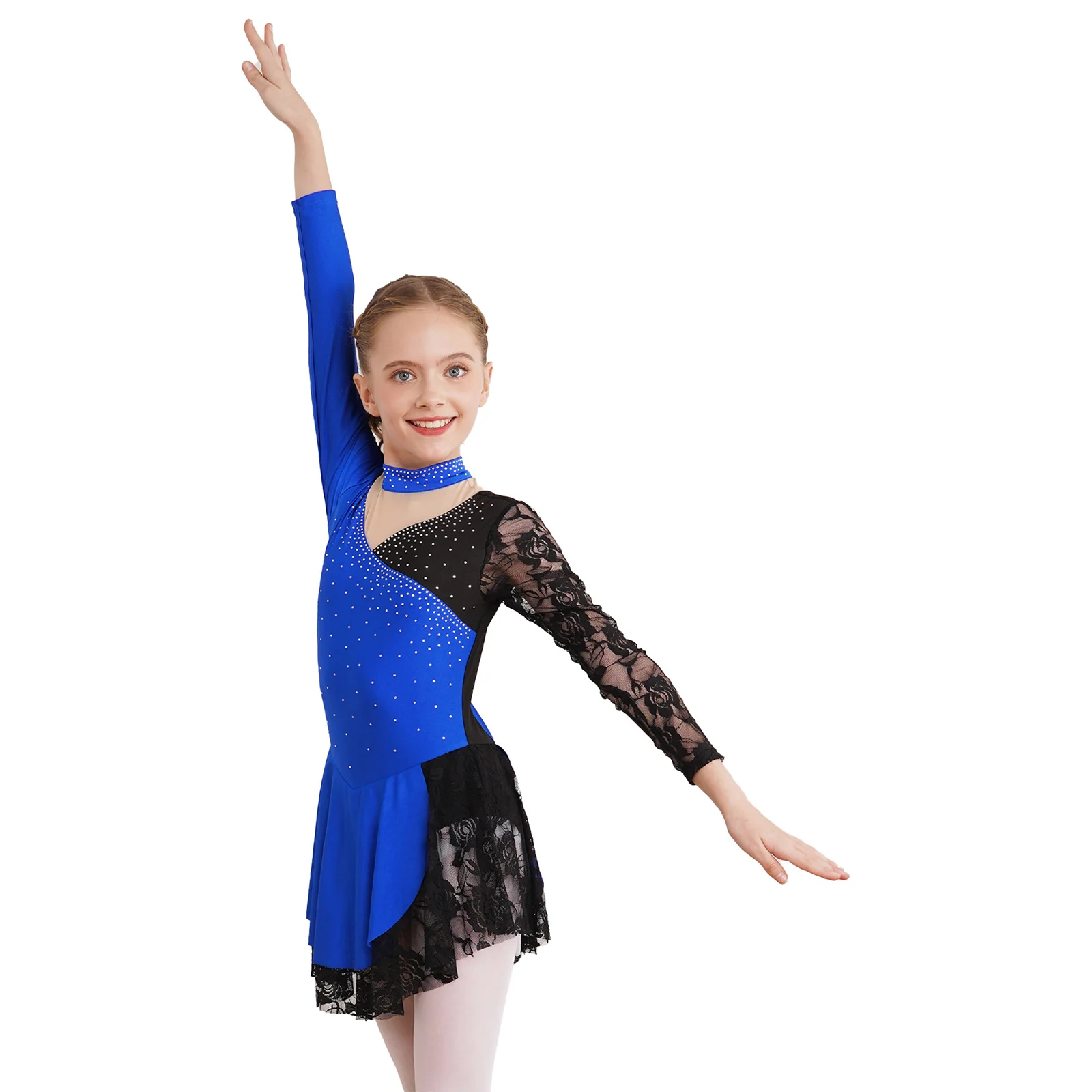 Girls Gymnastics Leotard Ballerina Tutu Kids Ice Figure Skating Costume Rhinestones Long Sleeve Lace Ballet Lyrical Dance Dress